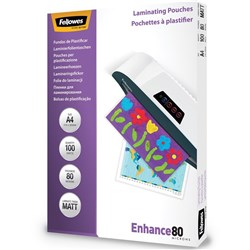 Fellowes Laminating Pouches A4 80 Micron Matte Pack Of 100