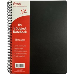% STAT NOTEBOOK A4 7mm RULED 60gsm Black 5 Subject Pp Cover 250 Pages *** CLEARANCE ***