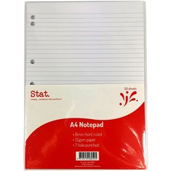 STAT NOTEPAD A4 7mm RULED 55gsm White 7 Hole Punched 50 Sheets