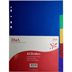 STAT DIVIDERS A4 PP 5 Tab Assorted