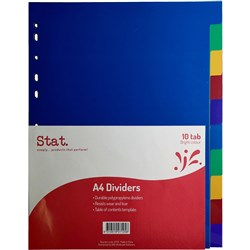 STAT DIVIDERS A4 PP 10 Tab Assorted