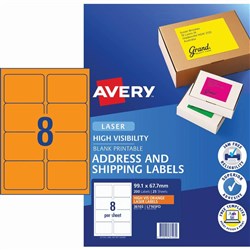 AVERY HI VISIBILITY LABELS Laser 99.1 x 67.7mm Fluoro Orange Pack of 200
