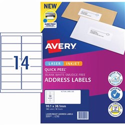 AVERY SURE FEED LABELS 14UP Laser 99.1 x 38.1mm White Pack of 140