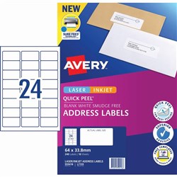 AVERY SURE FEED LABELS 24UP Laser 64 x 33.8mm White Pack of 240