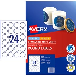 Avery Removable Labels L7129 40mm Round Matte White 24UP 192 Labels 8 Sheets