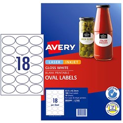 Avery Blank Printable Labels L7102 63.5x42.3mm Oval Gloss White 18UP 180 Labels 10 Sheet