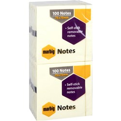 MARBIG NOTES 75mm x 75mm Repositional YELLOW Pack of 12