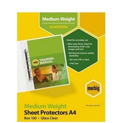 MARBIG DELUXE SHEET PROTECTORS A4 50MIC MEDIUM WEIGHT Box of 100