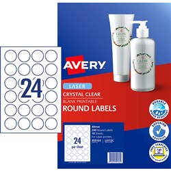 Avery Crystal Clear Laser Labels 6112C Round 40mm Clear 24UP 240 Labels 10 Sheets