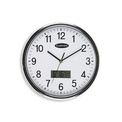 CARVEN WALL CLOCK 285mm Silver Rim LCD Date