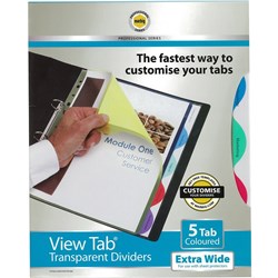 Marbig Professional Series A4 Dividers View Tab 5 Tab Extra Wide Transparent Multi Colour