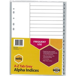 Marbig Plastic Indices & Dividers Tabs A4 A-Z Grey