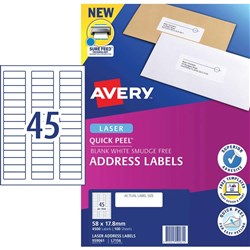 Avery Quick Peel Address Laser White  L7156 58x17.8mm 45UP 4500 Labels 100 Sheets