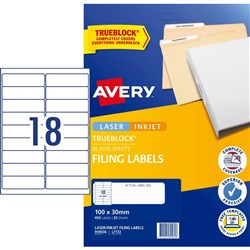 Avery Filing Laser & Inkjet Labels White L7172 100x30mm 18UP 450 Labels 25 Sheets