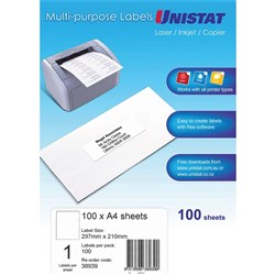 Unistat Laser Copier & Inkjet Labels 297x210mm 1UP 100 Labels 100 Sheets