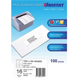 Unistat Laser Copier & Inkjet Labels 99x38mm with Margin 16UP 1600 Labels 100 Sheets