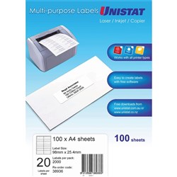 Unistat Laser Copier & Inkjet Labels 98x25.4mm 20UP 2000 labels 100 sheets
