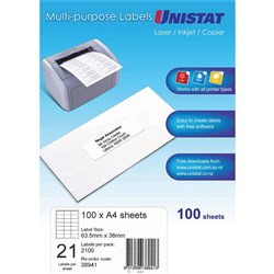 Unistat Laser Copier & Inkjet Labels 63.5x38mm 21UP 2100 Labels 100 Sheets