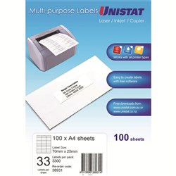 Unistat Laser Copier & Inkjet Labels 70x25mm 33UP 3300 Labels 100 Sheets