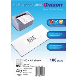 Unistat Laser Copier & Inkjet Labels 51x15mm 45UP 4500 Labels 100 Sheets