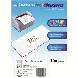 Unistat Laser Copier & Inkjet Labels 38.1x21.2mm 65UP 6500 Labels 100 Sheets