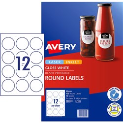 Avery Blank Printable Labels L7105 60mm Round Gloss White 12UP 120 Labels 10 Sheets