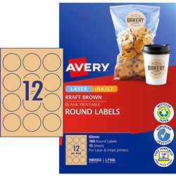 Avery Blank Printable Labels L7106 60mm Round Kraft Brown 18UP 180 Labels 10 Sheets