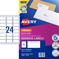 AVERY J8159-50 INKJET LABELS 24 L/P/Sht 64X34MM Pack of 50