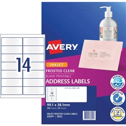 Avery Frosted Clear Inkjet Address Labels J8563  99.1x38.1mm 14UP 350 Labels