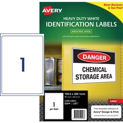 Avery Identification Laser Heavy Duty White L7067 199.6x289.1mm 1UP 10 Labels