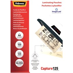 FELLOWES LAMINATING POUCHES GLOSSY A4 125 Micron Pack of 100