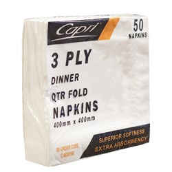 Capri Dinner Napkins 3ply Quarter Fold 400x400mm White Pack of 50