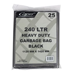 GARBAGE BAGS HEAVY DUTY 240 Litre 1120 x 1420mm Black Pack of 25