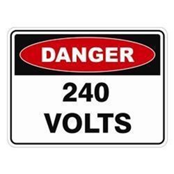 SIGN - 240 VOLTS - WARNING 220X150MM ADHESIVE STICKER PK2
