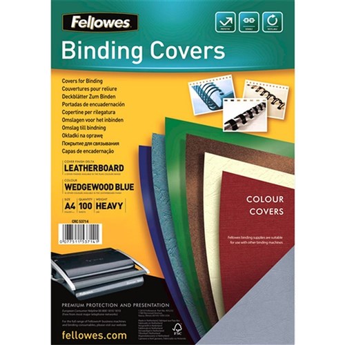 Binding Accessories - FELLOWES A4 BINDING COVERS Leatherboard Wedgedwood  Blue 250gsm Pack of 100 - Jaybel Office Choice