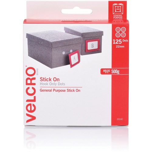 Clips & Fasteners - VELCRO SPOTS HOOK ONLY 22MM WHITE DISPENSER Box of 125  - Jaybel Office Choice- Office Supplies, Stationery & Furniture