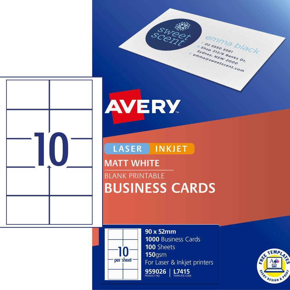 Paper Avery Business Cards Laser And Inkjet Labels White L7415 90x52mm 10up 1000 Cards Jaybel 3819