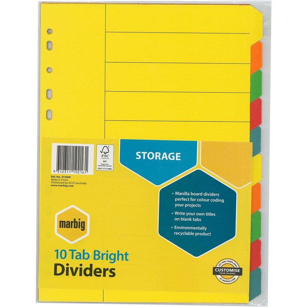 Dividers - MARBIG MANILLA DIVIDER A4 10 Tab Bright - Jaybel Office ...